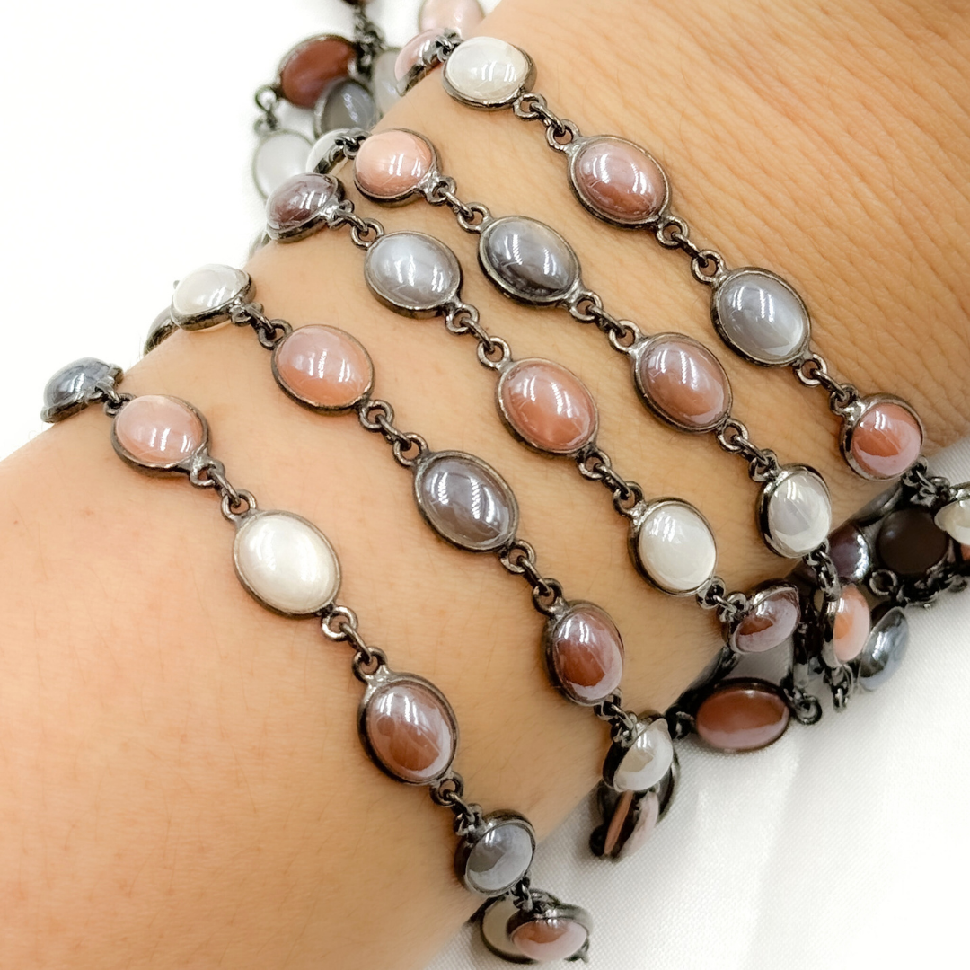 Coated Multi Moonstone Oval Shape Bezel Oxidized Wire Chain