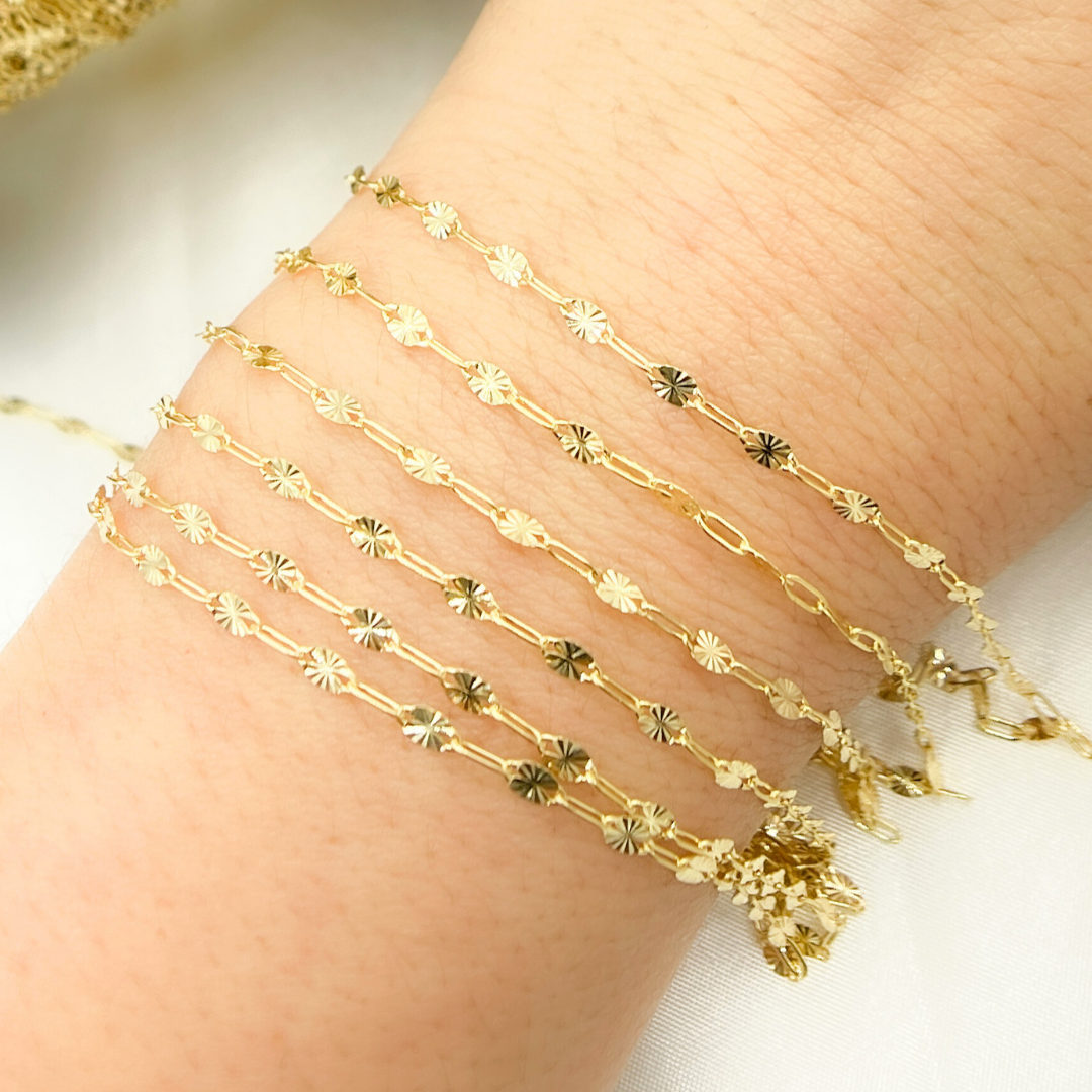 14k Solid Yellow Gold Oval Flat Link & Marina Diamond Cut Link Chain
