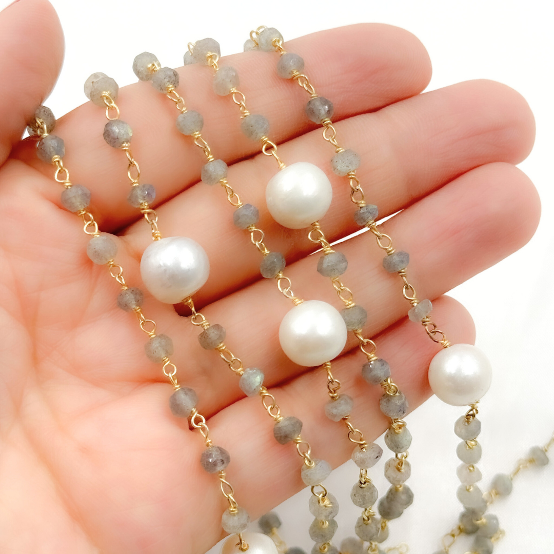 Labradorite & Pearl Gold Plated 925 Sterling Silver Wire Chain