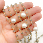 Labradorite & Pearl Gold Plated 925 Sterling Silver Wire Chain