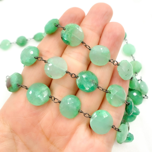 Chrysoprase Coin Shape Oxidized Wire Chain