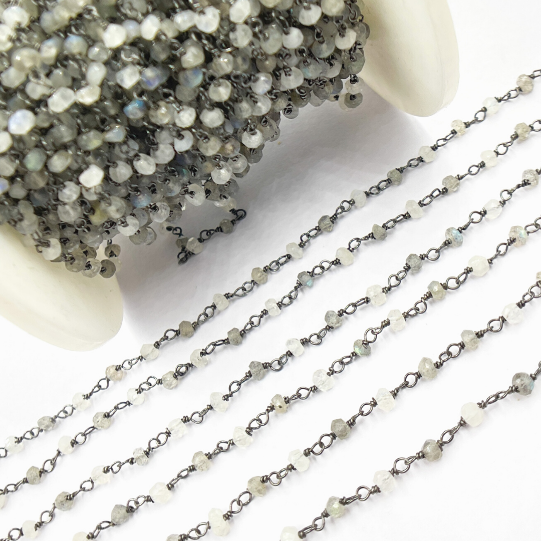 Labradorite + White Moon Stone Black Rhodium 925 Sterling Silver Wire Chain