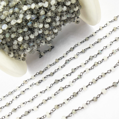 Labradorite + White Moon Stone Black Rhodium 925 Sterling Silver Wire Chain