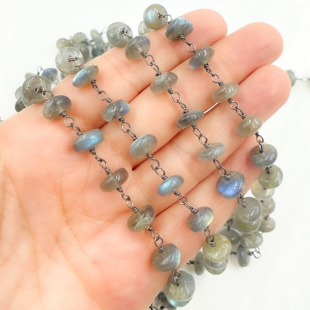 Labradorite Rondel Smooth Oxidized Wire Chain. LAB100