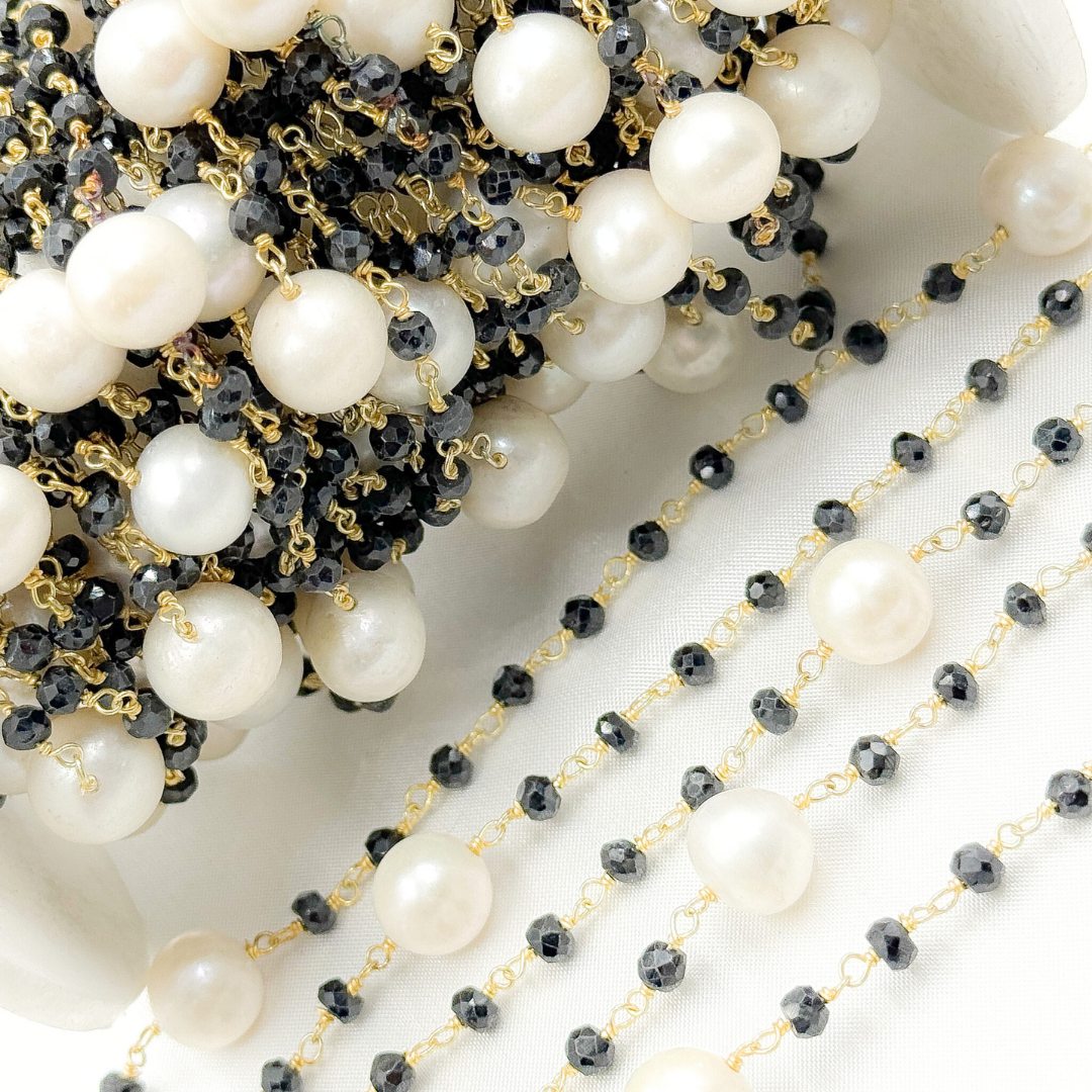 Black Spinel & Pearl Gold Plated 925 Sterling Silver Wire Chain.