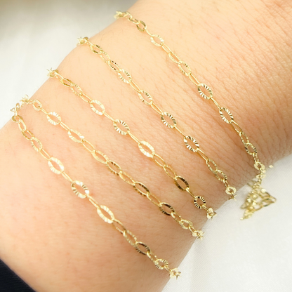 14K Solid Yellow Gold Diamond Cut Oval Link Chain