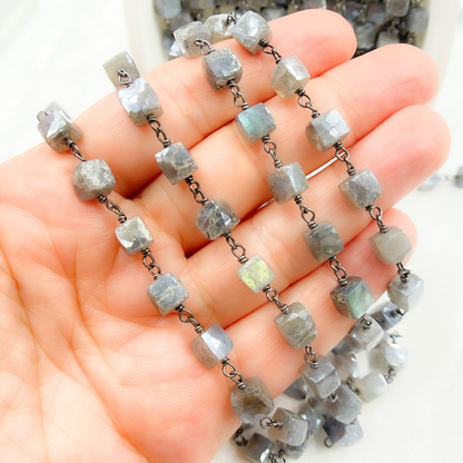 Coated Labradorite Cube Shape Oxidized Wire Chain