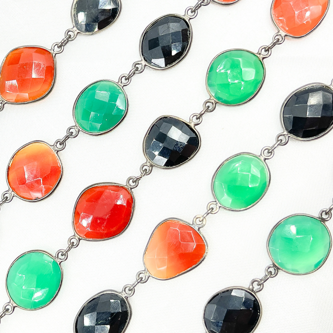 Green, Black & Red Onyx Organic Shape Bezel Oxidized Silver Wire Chain. MMS25