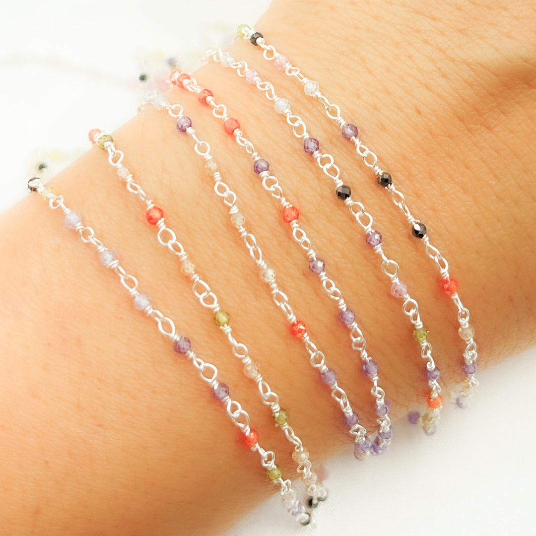 Multi Color Cubic Zirconia 925 Sterling Silver Wire Wrap Chain