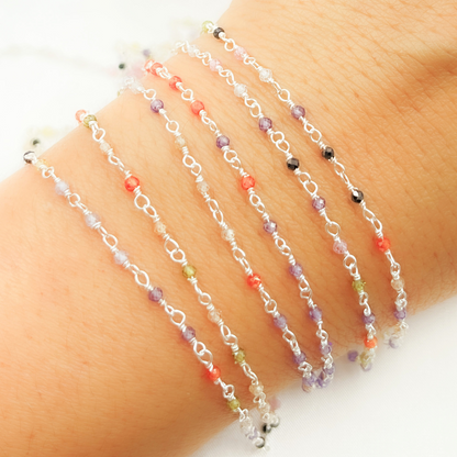 Multi Color Cubic Zirconia 925 Sterling Silver Wire Wrap Chain