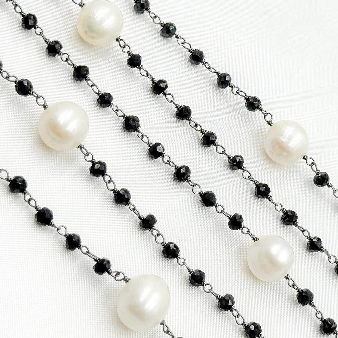 Black Spinel & Pearl Oxidized 925 Sterling Silver Wire Chain.