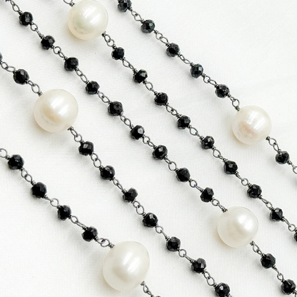 Black Spinel & Pearl Oxidized 925 Sterling Silver Wire Chain.