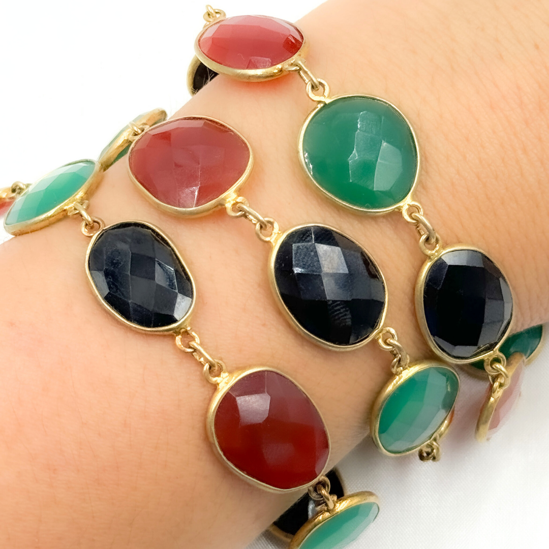 Green, Black and Red Onyx Organic Shape Bezel Gold Plated Wire Chain. MMS26