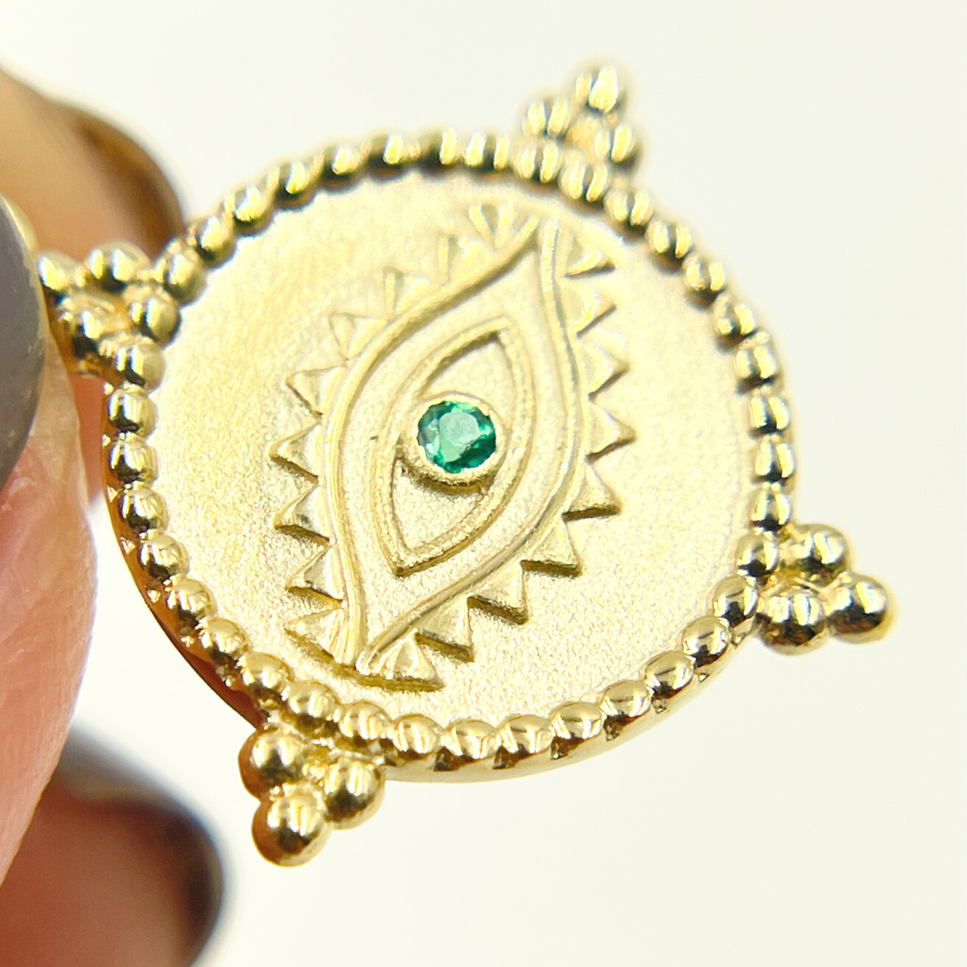 14K Solid Gold Diamond & Emerald Evil Eye Charm. GDP183