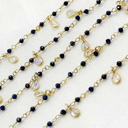 Lapis Lazuli & CZ Dangle Gold Plated Wire Chain.