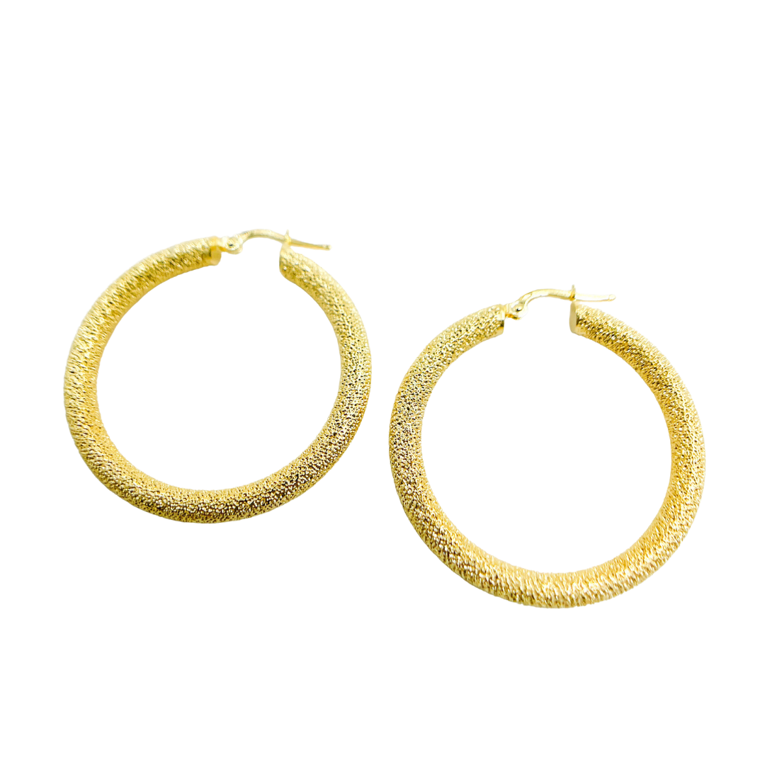 14K Solid Gold Earrings with Texture Circle Shape Hoop.