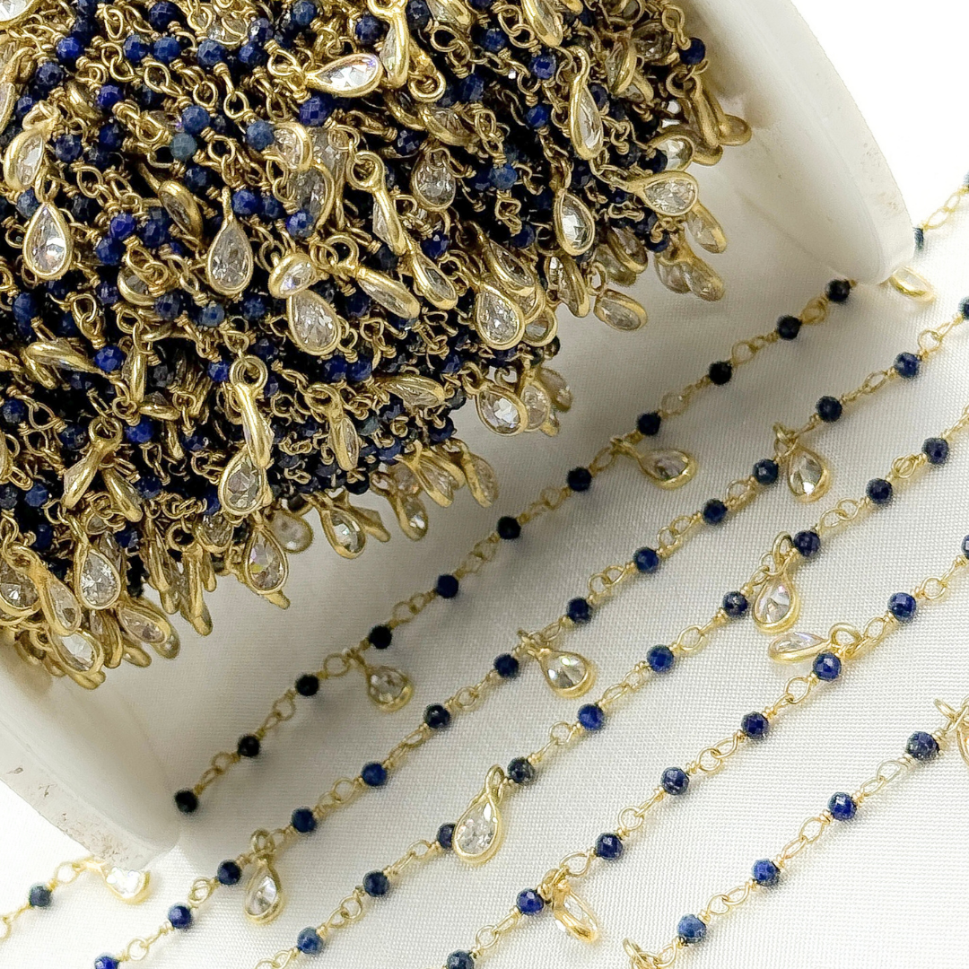 Lapis Lazuli & CZ Dangle Gold Plated Wire Chain.