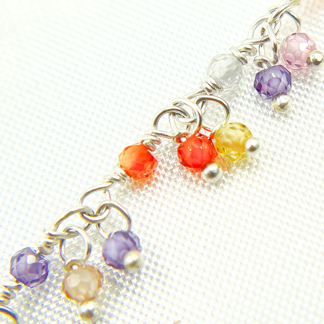 Multi Color C.Z. Cluster Dangle 925 Sterling Silver Wire Chain.
