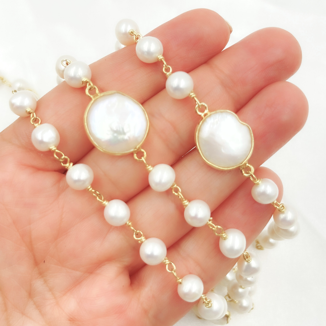 White Freshwater Pearl Organic and Bezel Round Shape Wire Wrap Chain