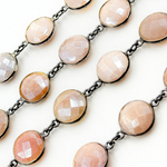 Load image into Gallery viewer, Coated Peach Moonstone Round Shape Bezel Oxidized Wire Chain. CMS111
