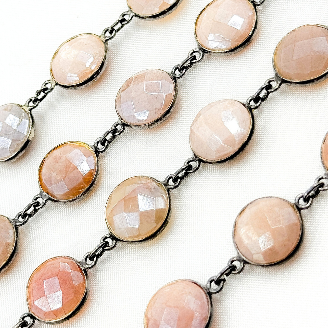 Coated Peach Moonstone Round Shape Bezel Oxidized Wire Chain