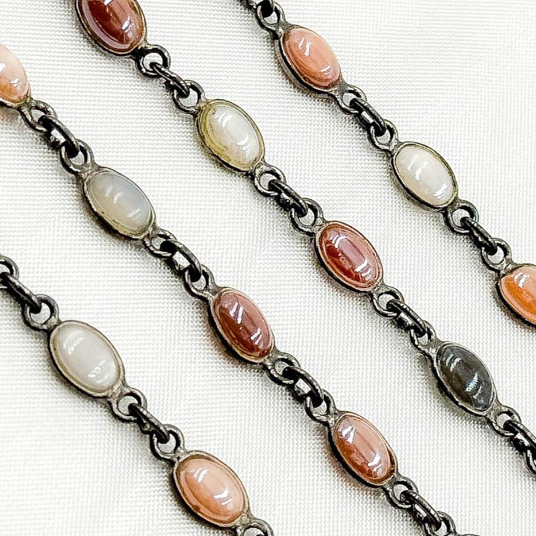 Coated Multi Moonstone Oval Shape Bezel Oxidized Wire Chain.