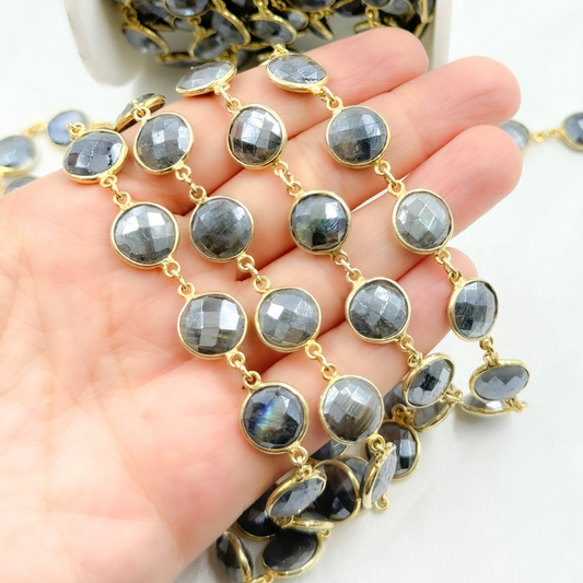 Coated Labradorite Round Shape Bezel Gold Plated Wire Chain