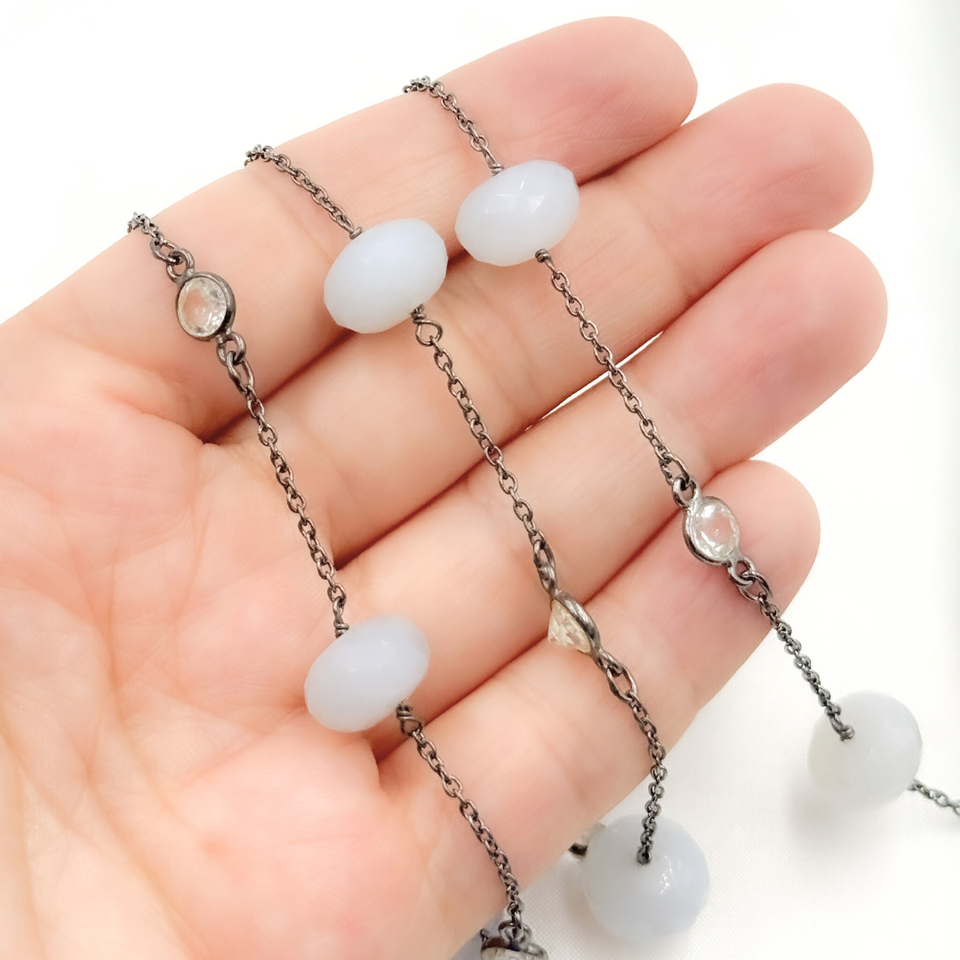 Natural Chalcedony & White Topaz Oxidized Connected Wire Chain. PCL6