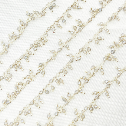Coated Grey Moonstone Cluster Dangle 925 Sterling Silver Wire Chain.