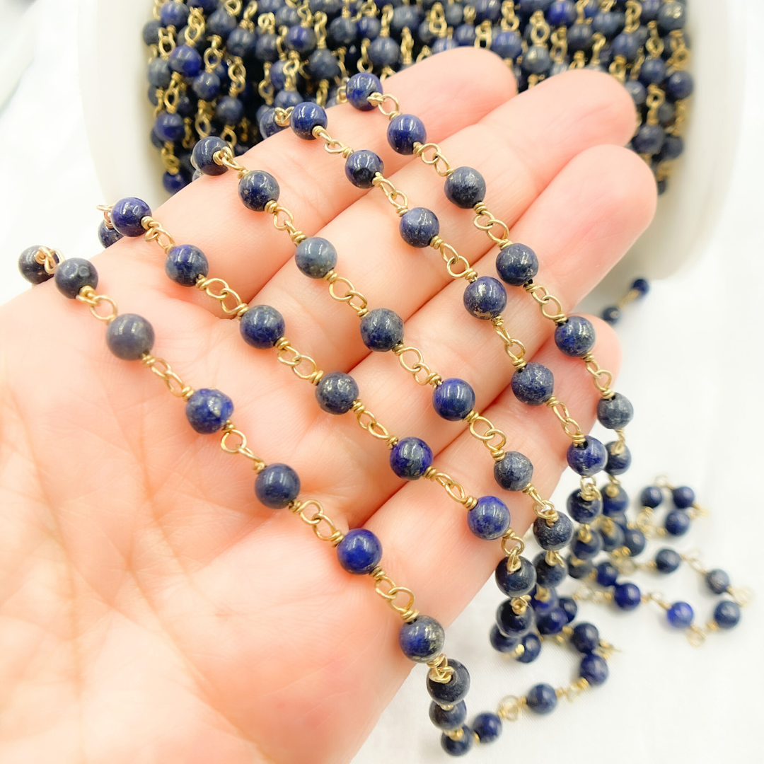 Lapis Lazuli Round Shape Gold Plated Wire Chain