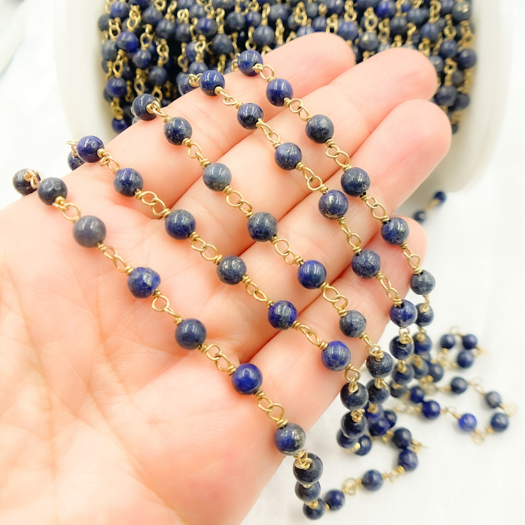 Lapis Lazuli Round Shape Gold Plated Wire Chain. LAP12