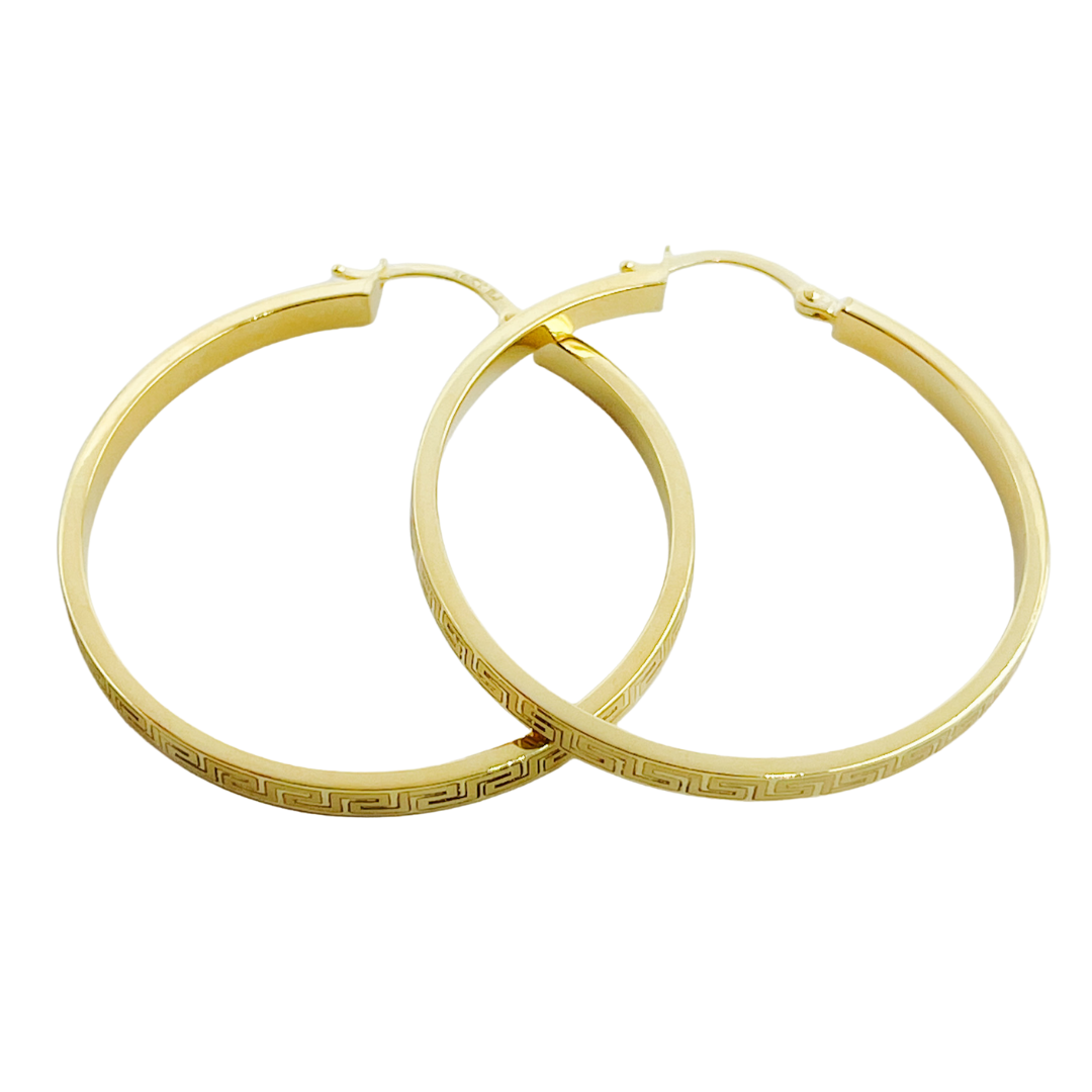 14K Solid Gold Flat Round Hoop Earrings with Texture.