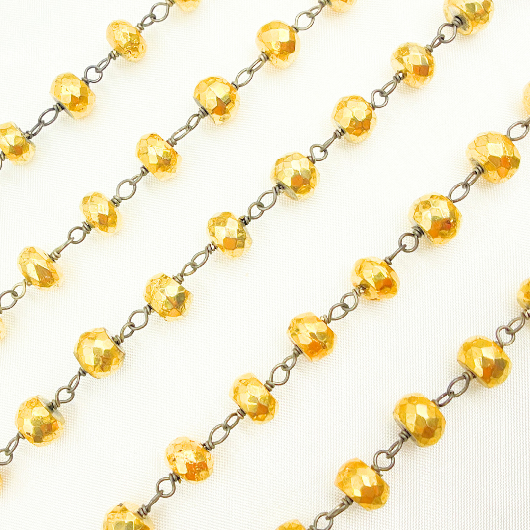 Golden Pyrite Faceted Rondel Oxidized Wire Chain. PYR42