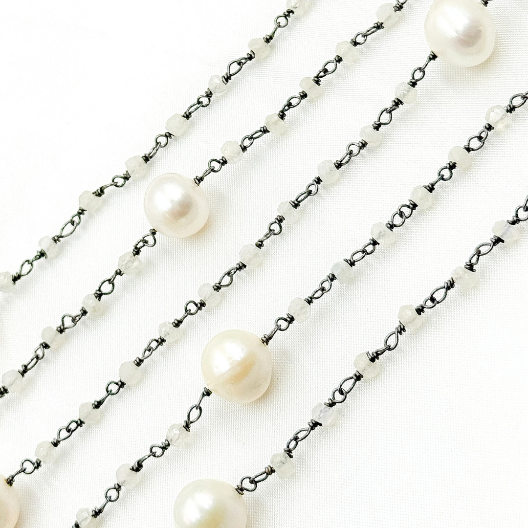 Moonstone & Pearl Oxidized 925 Sterling Silver Wire Chain. MS68