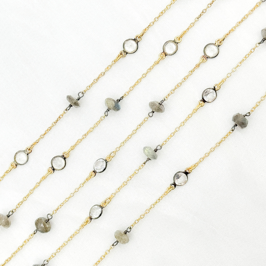 Labradorite & White Topaz Gold Plated Connected Wire Chain. LAB49