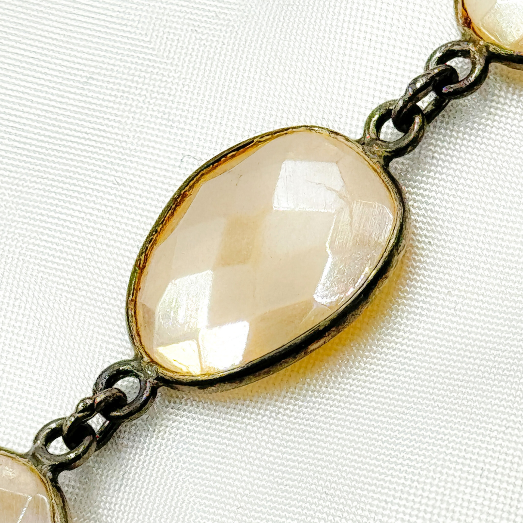 Coated White Moonstone Shape Bezel Oxidized Wire Chain.