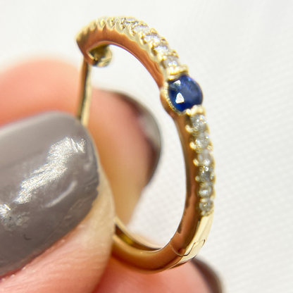 14K Solid Gold Diamond & Blue Sapphire Hoop Earrings