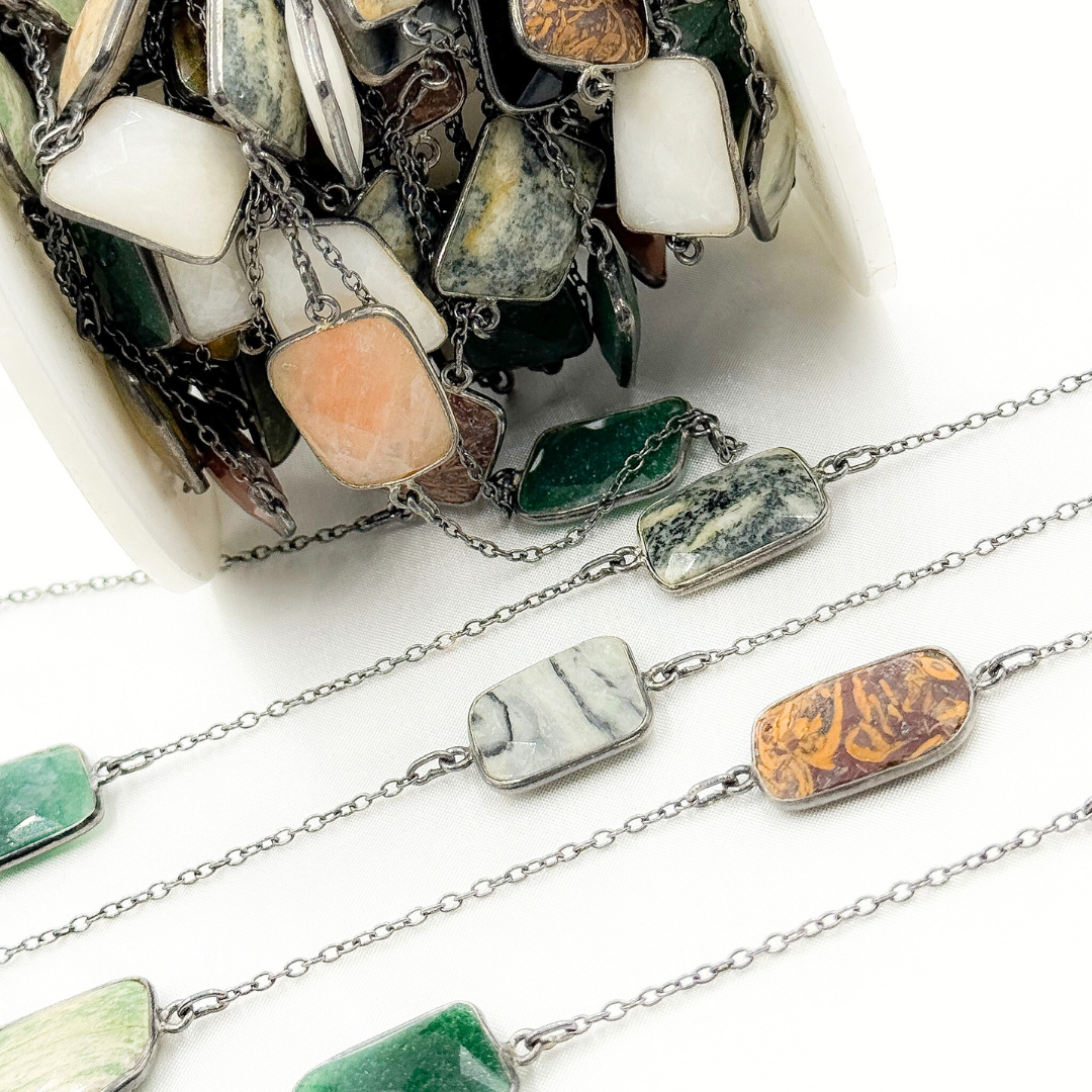 Multi Agate Rectangular Shape Bezel Oxidized Wire Chain