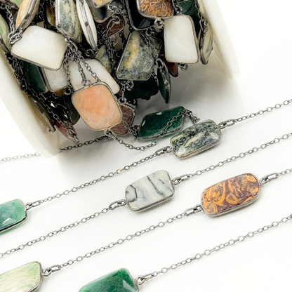Multi Agate Rectangular Shape Bezel Oxidized Wire Chain