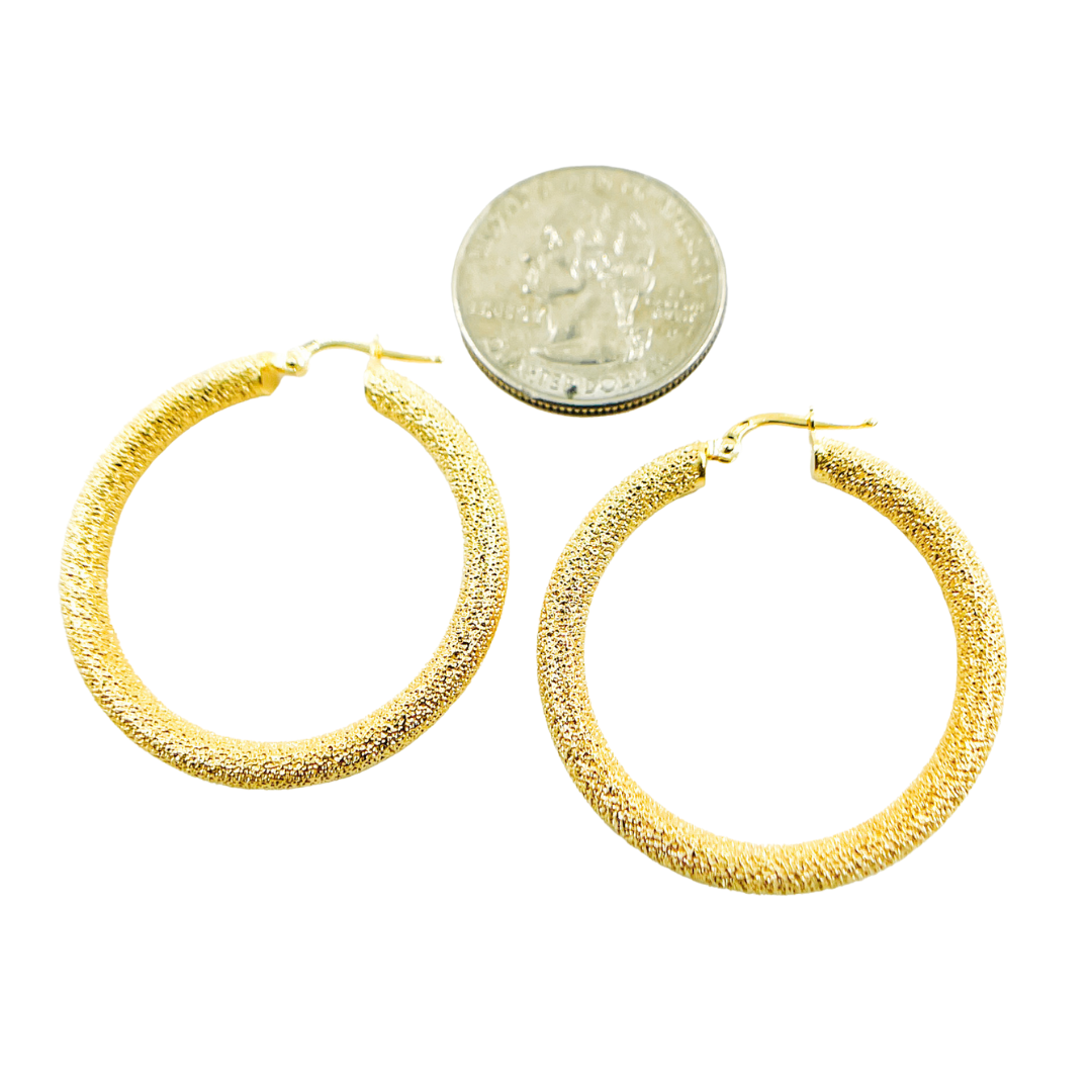 14K Solid Gold Earrings with Texture Circle Shape Hoop.