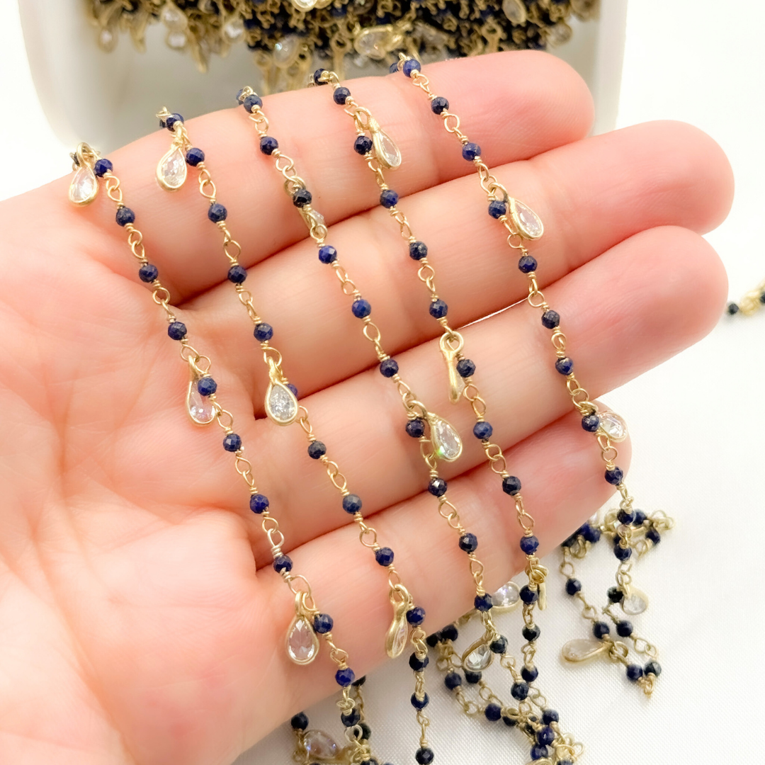 Lapis Lazuli & CZ Dangle Gold Plated Wire Chain