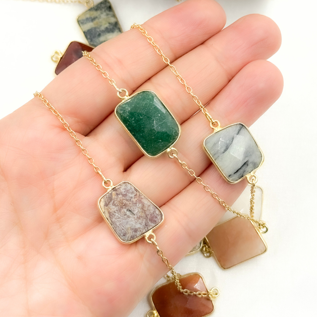 Multi Agate Rectangular Shape Bezel Gold Plated Connected Wire Chain