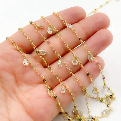 Multi Tourmaline & CZ Dangle Gold Plated Wire Chain.