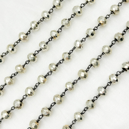 Steel Pyrite Faceted Rondel Oxidized 925 Sterling Silver Wire Chain