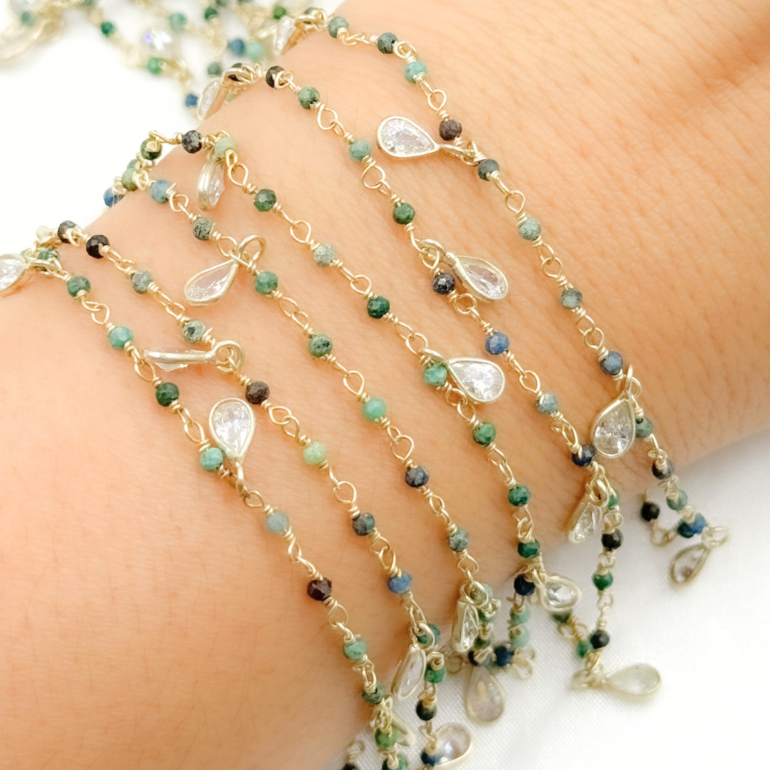 Chrysocolla & CZ Dangle Gold Plated Wire Chain