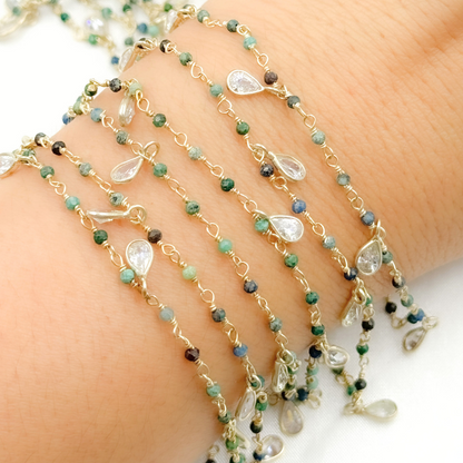 Chrysocolla & CZ Dangle Gold Plated Wire Chain