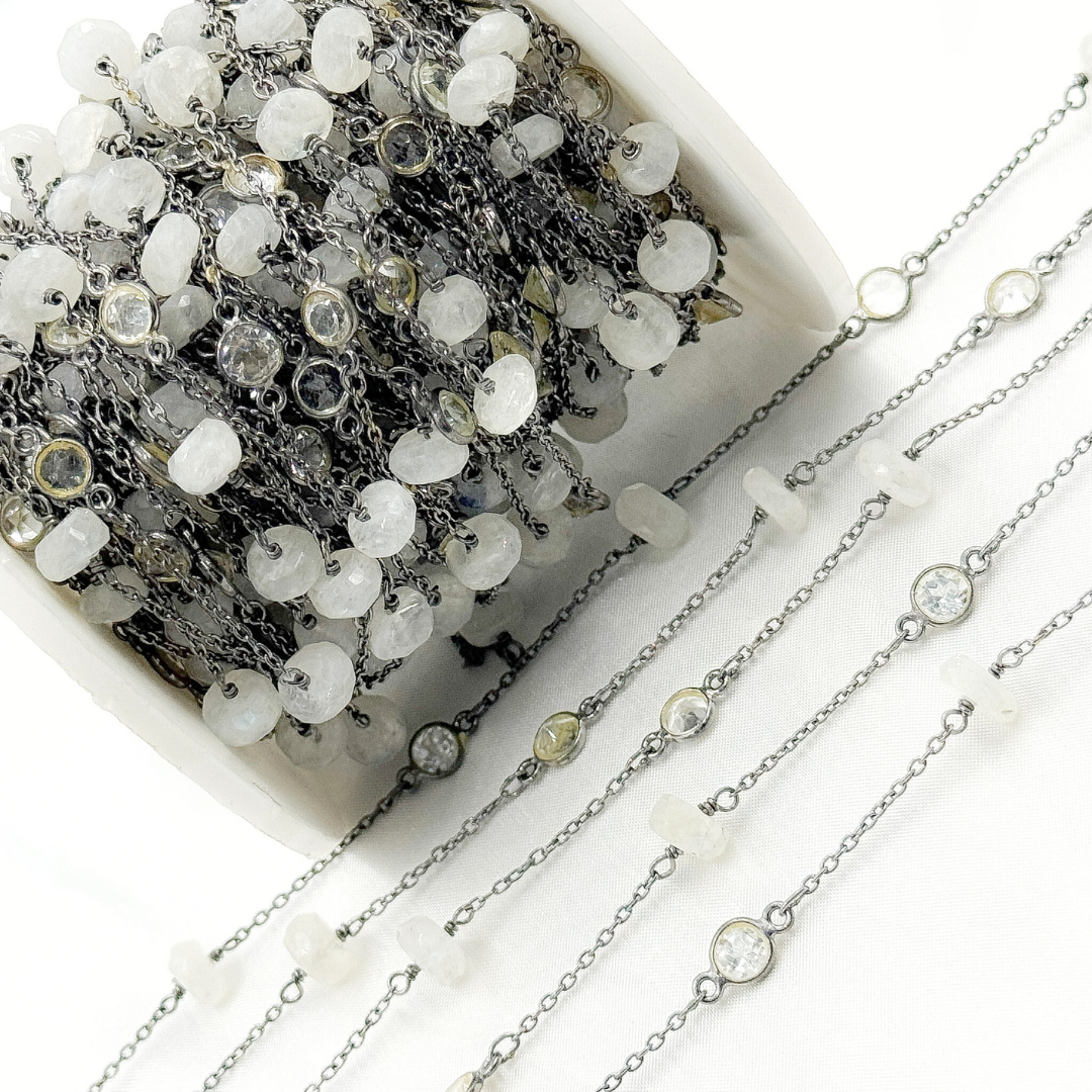 Moonstone Rondel Shape & White Topaz Oxidized Connected Wire Chain.