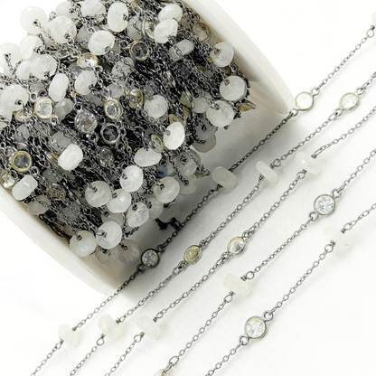 Moonstone Rondel Shape & White Topaz Oxidized Connected Wire Chain.