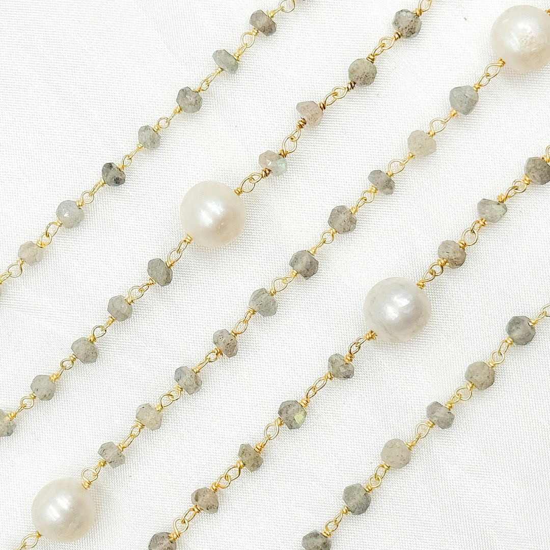 Labradorite & Pearl Gold Plated 925 Sterling Silver Wire Chain.