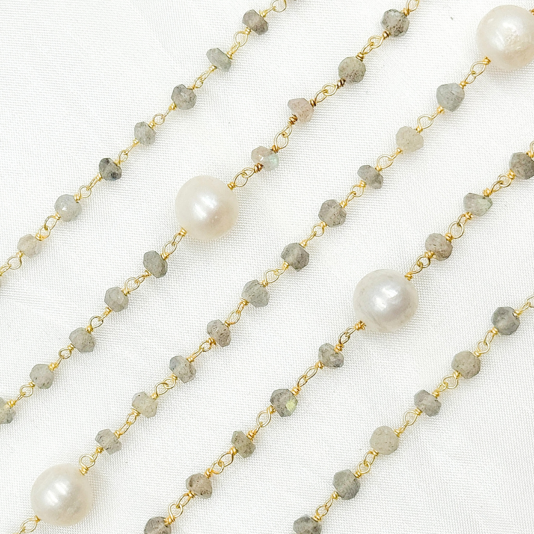 Labradorite & Pearl Gold Plated 925 Sterling Silver Wire Chain. LAB119